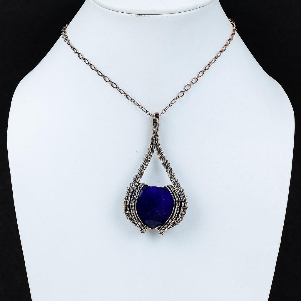 Созданный в лаборатории синий сапфировый драгоценный камень Чистая медная проволока, обернутая вручную подвеска, ювелирные изделия для нее