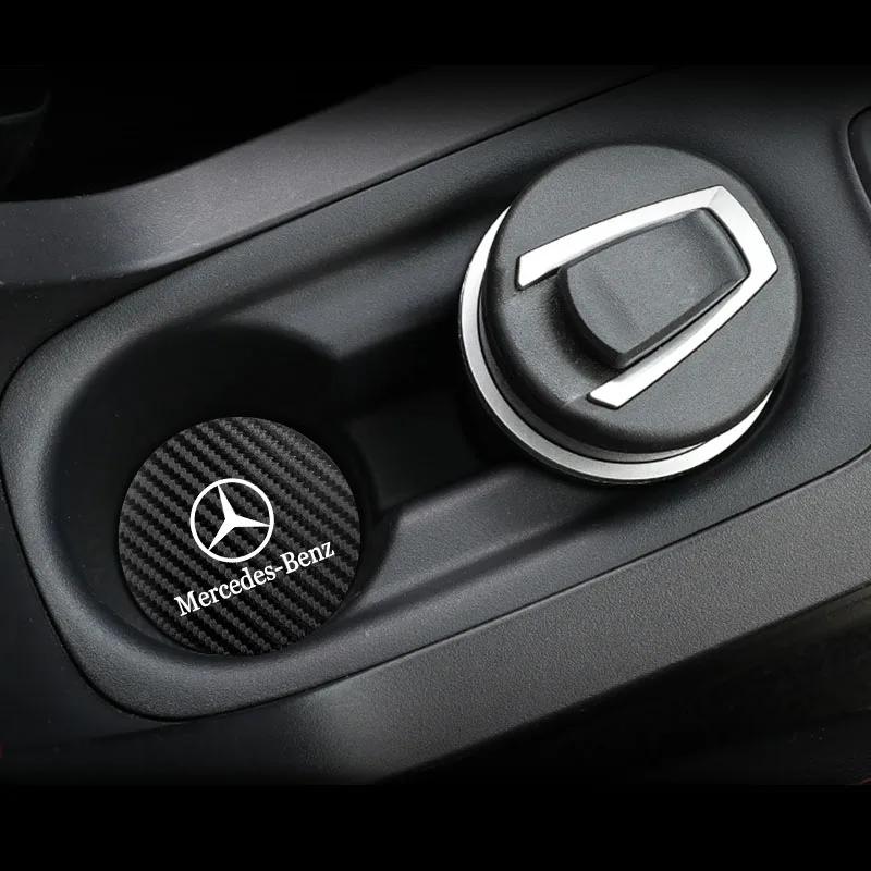 2Pcs Car Anti-noise Coaster Mat Carbon Leather Water Cup Pad For Mercedes Benz AMG W204 W205 W203 W211 W212 W213 W201 W210 W124 OR5