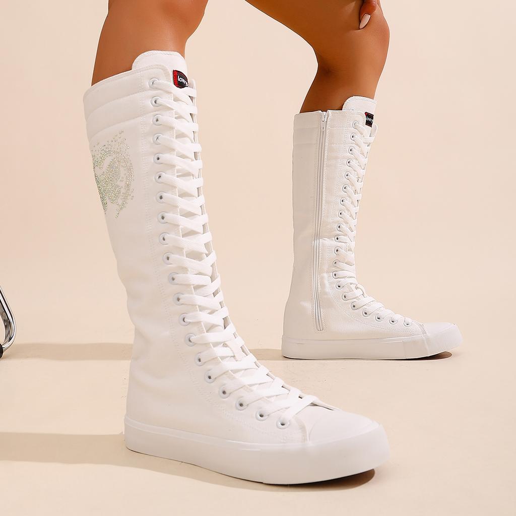 Женские длинные ботильоны до щиколотки, модные и удобные парусиновые сапоги до середины икры для девочек, подходящие для посещения вечеринок и повседневных прогулок