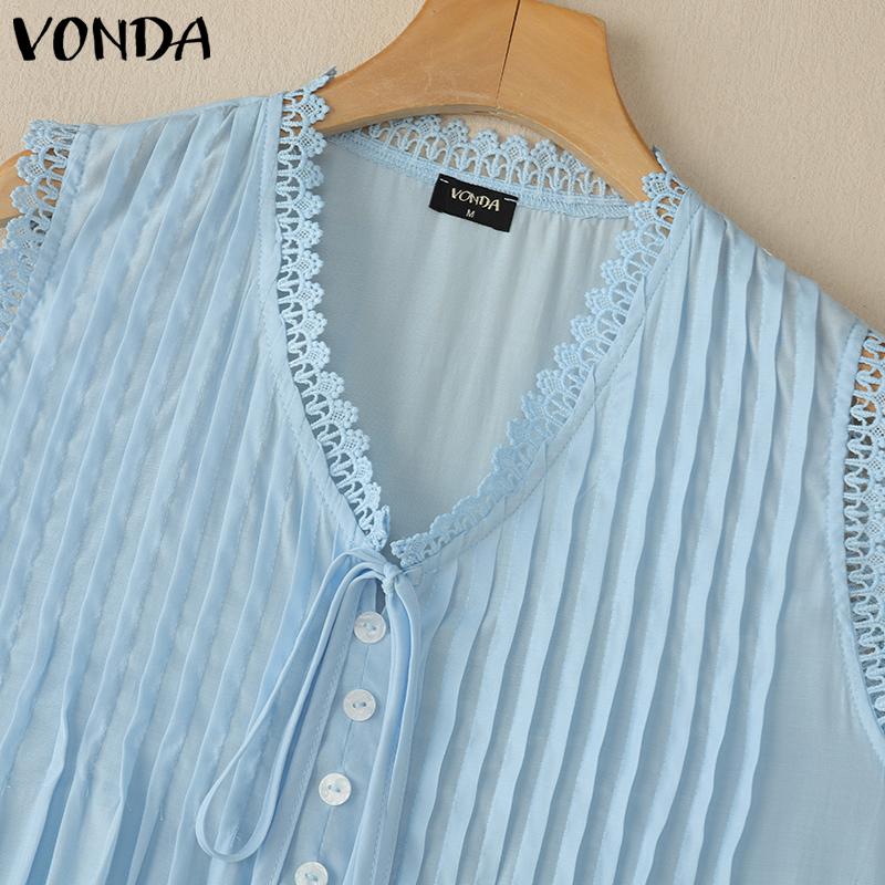 VONDA Women Summer V Neck Sleeveless Buttons Up Lace Crochet Hem Casual Tank Tops