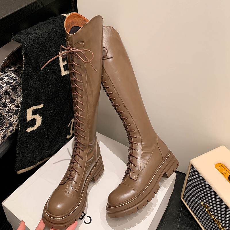 Krazing Pot Осенне-зимняя обувь из натуральной кожи, конные сапоги на среднем каблуке в европейском дизайне, женские теплые сапоги до бедра