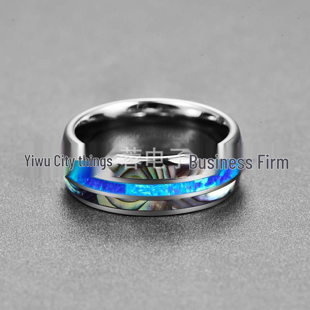 Мужское кольцо из вольфрамовой стали шириной 8 мм с полированным куполом и инкрустацией опалом и раковиной абалона с тремя канавками
