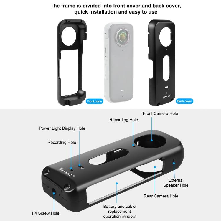 Для Insta360 X3 PULUZ металлическая защитная клетка корпусная рамка с силиконовой крышкой объектива (черный)