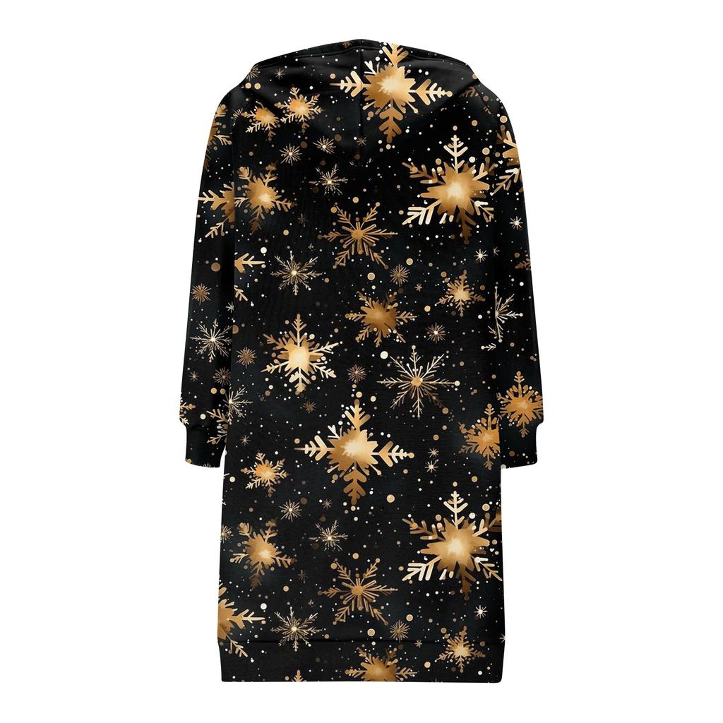 Women's Fashionable Christmas Printed Long Sleeved Drawstring Hooded Zipper Pocket Long Casual Sweatshirt Jacket