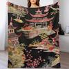 GUOYU Blanket Throw Blanket Chinoiserie Charcoal Coral Pagoda Flannel Fleece Throw Blanket Japanese Asian Style Blanket Pagoda and Flower