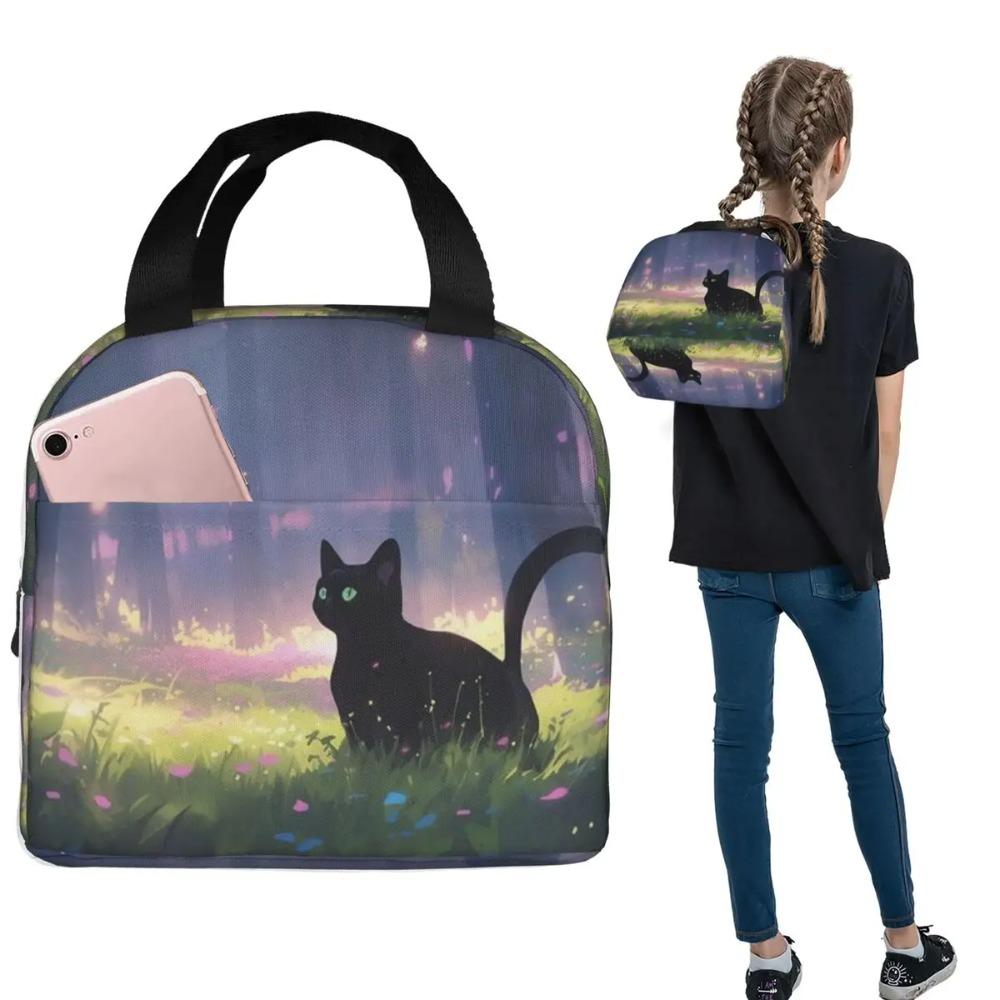 A Black Cat Walking Anime Insulated Lunch Bag for Women Children Leakproof Food Boxes Thermal Lunch Box Tote