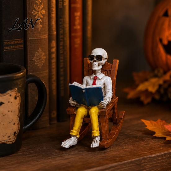 Artistic Skeleton Figurine Set Halloween Figurine, Resin Sitting on Rocking Chair Statue, Drinking Lifelike Statue Coffee Crocheting Reading Tabletop