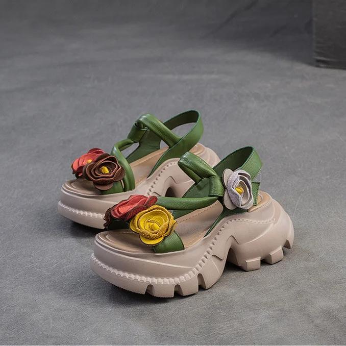 Johnature Retro Flower Peep Toe Platform Sandals Breathable Genuine Leather Versatile Women's Shoes