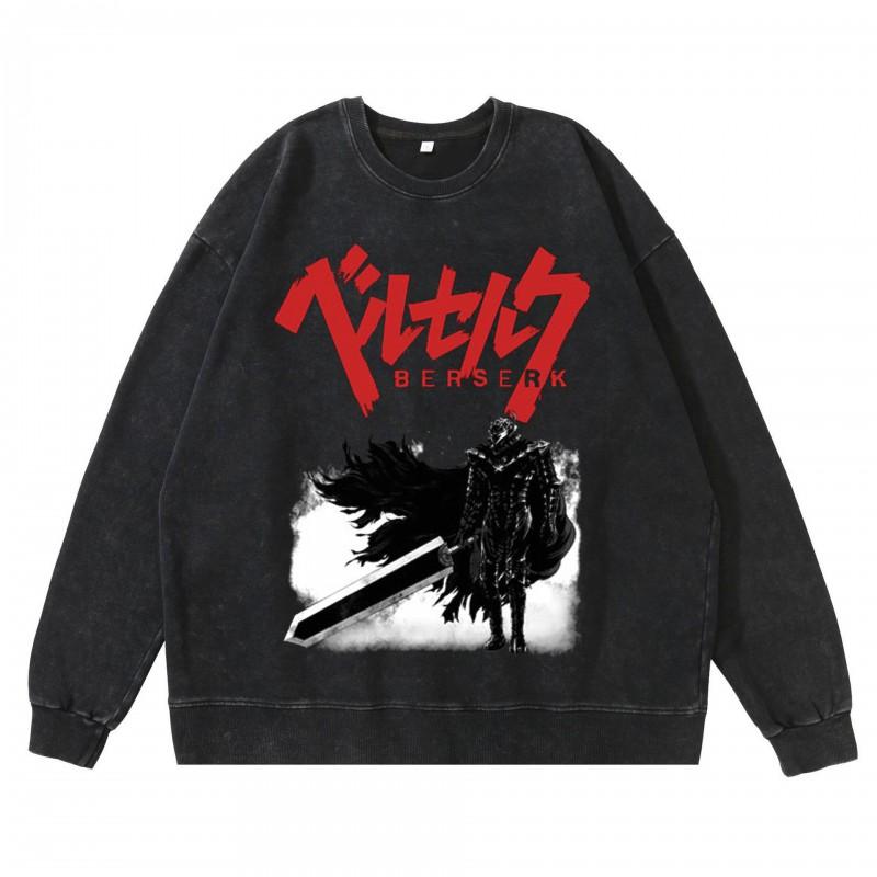 Heavyweight 360g Washed Vintage Berserk Anime Streetwear Cotton Pullover Hoodie Men