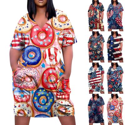 Лето плюс размер V-образным вырезом с коротким рукавом и карманом до колена с градиентным принтом повседневное платье для женщин