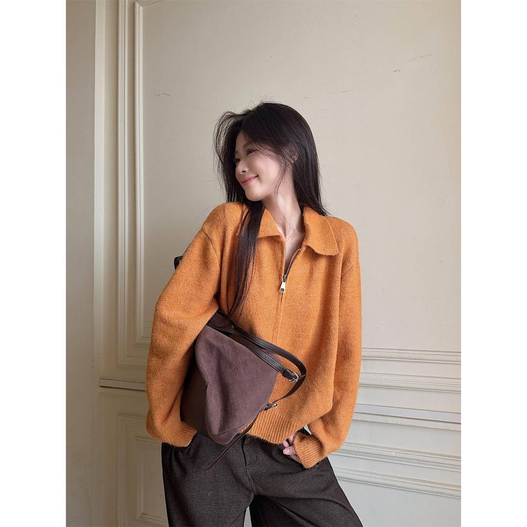 Универсальный трикотажный кардиган для通勤, женский осенне-зимний на молнии с воротником поло, многослойный повседневный свитер-жакет