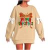 Ladies' Christmas Printed Bow Round Neck Long Sleeved Loose Pullover Sweater Sweatshirt Top