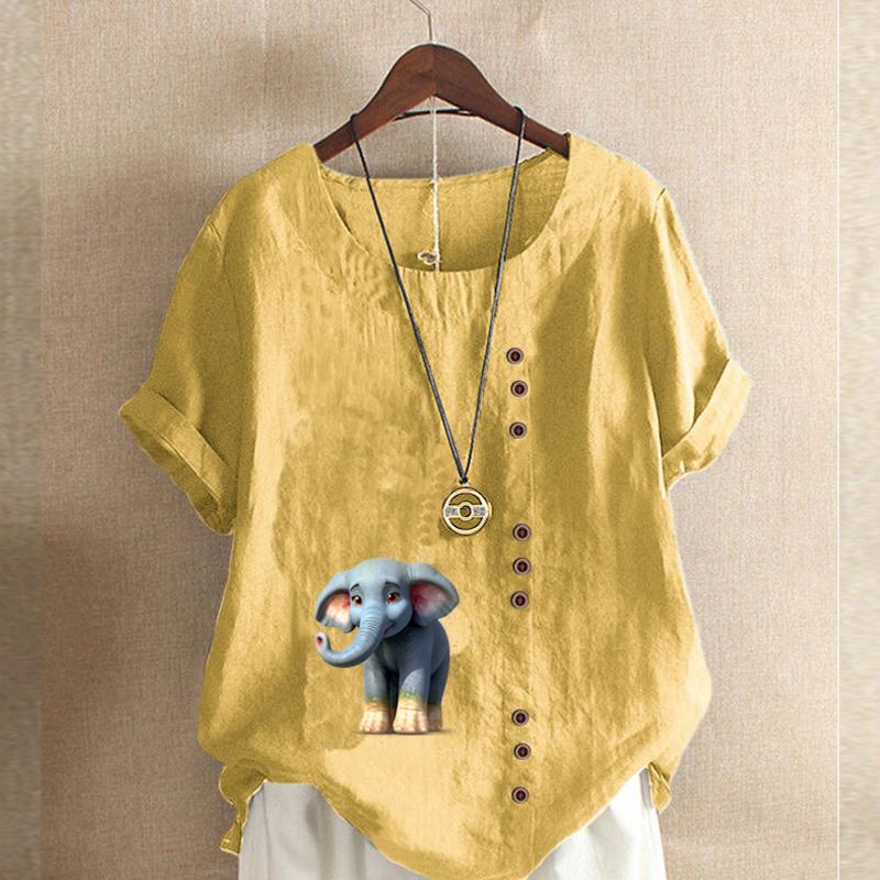 Women's New Fashion Linen Shirt Round Neck Short Sleeve Elephant Printed T-shirt Summer Ladies Casual Plus Size Blouse Tops