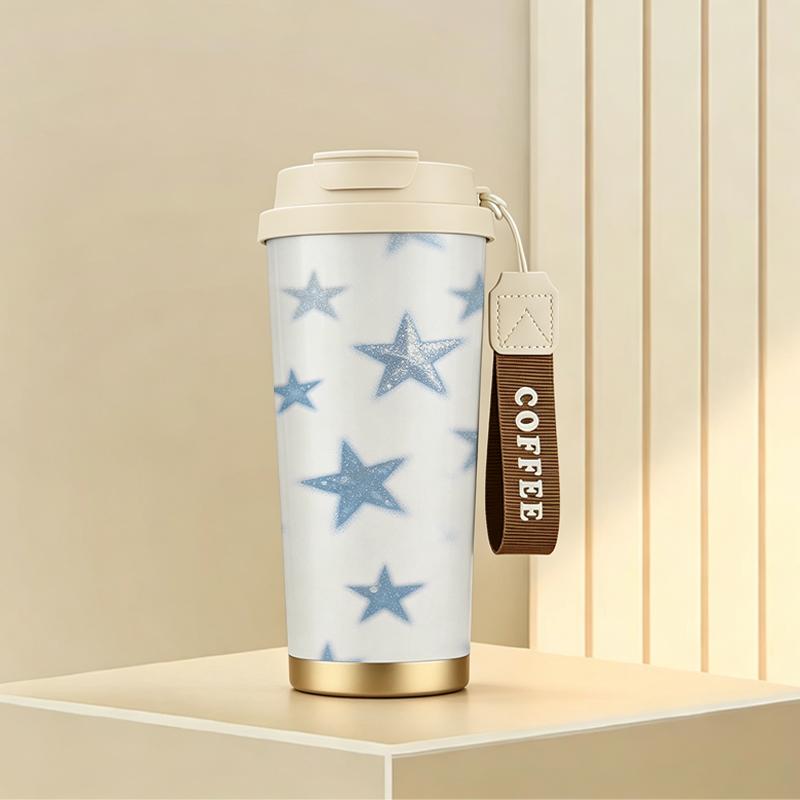 532ml Coffee Mug Glitter Star Motif Commuter Coffee Cup Car Handy Cup Flip Sip Coffee Mug Stainless Steel Coffee Thermos