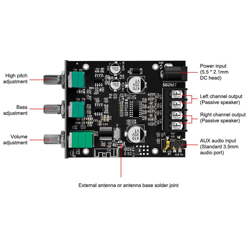 Zk-502Mt Bluetooth 5.0 Усилитель Сабвуфера Плата 2.0 Канала Высокой Мощности Аудио Стерео Усилитель Плата 2X50Вт Усилитель Басов