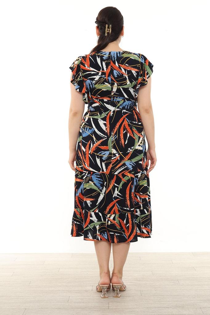 Женское платье большого размера, длинное вискозное платье с воланами, рукавами и круглым вырезом, поясом и цветочным узором