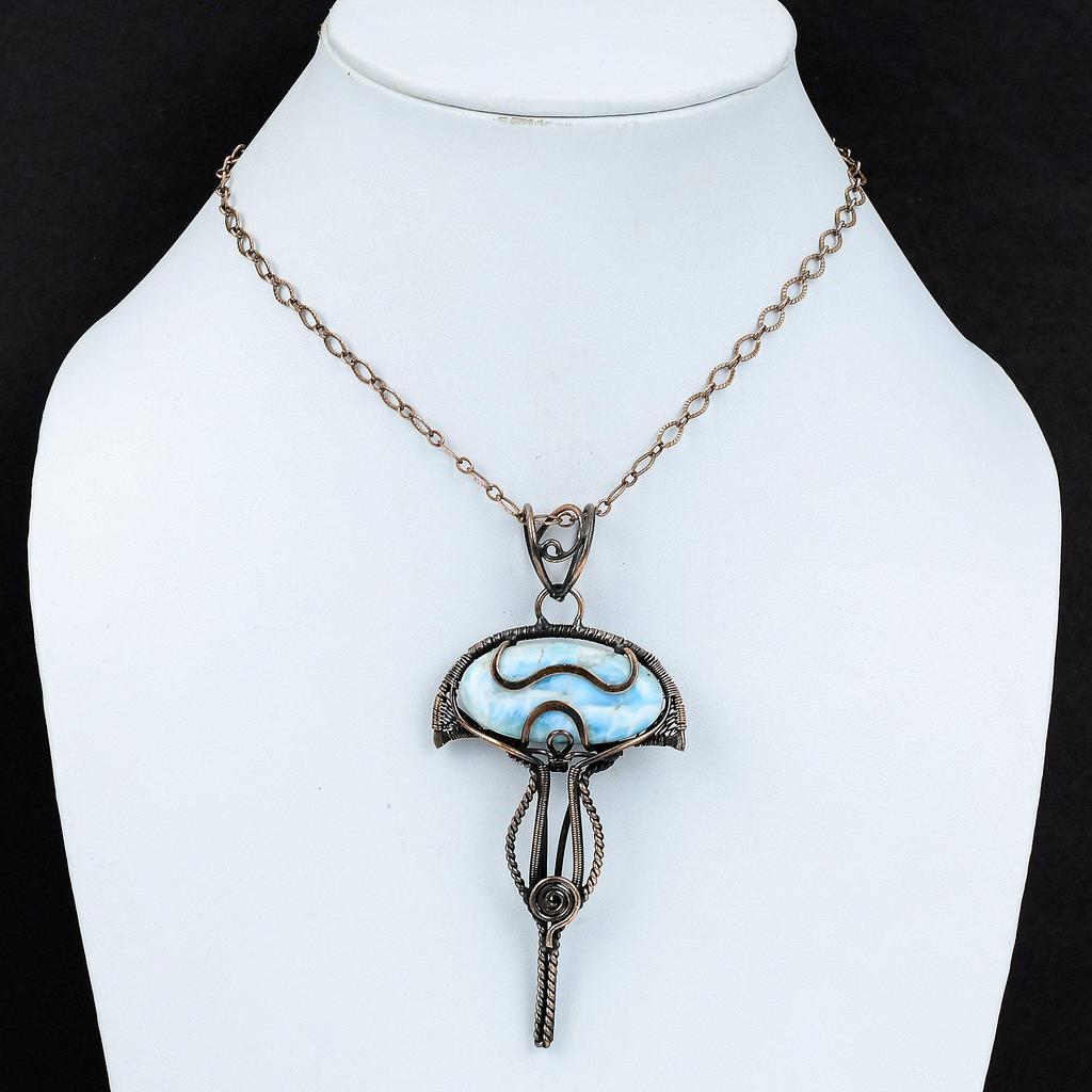 Подвеска из ларимара, обернутая медной проволокой, ювелирные изделия из драгоценных камней ларимара, дизайнерская подвеска ручной работы, уникальные ювелирные изделия из медной проволоки, подарки на помолвку