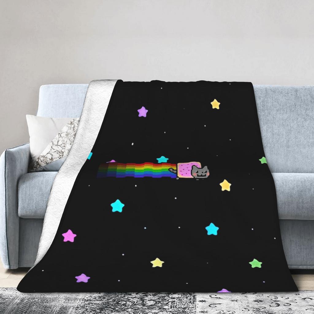 Cat Rainbow Pixel Space Nyans Blanket Flannel Textile Decor Multifunction Soft Throw Blankets for Bedding Couch Rug Piece