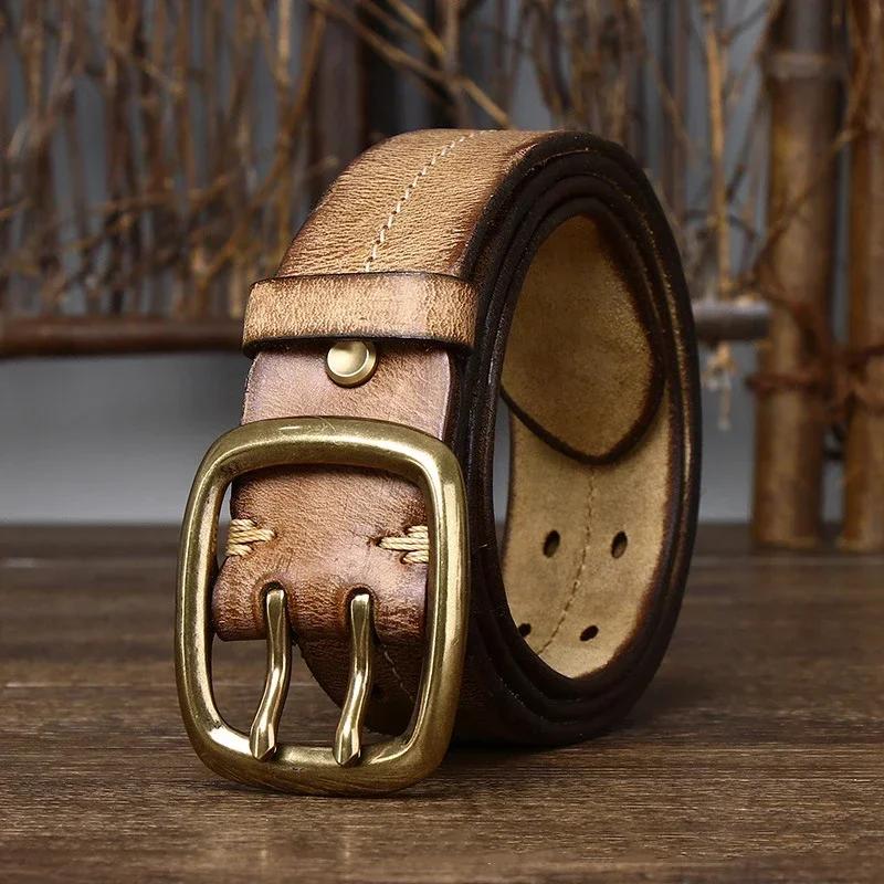 3,8 см Ремень из натуральной воловьей кожи для мужчин, медная пряжка-игла с двойным язычком, высокое качество, роскошный, мужской ремень для джинсов, военный ремень