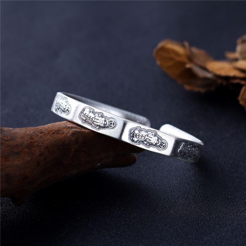 Zuyin 999.9 Retro Worn Pixiu Wealth Attraction Bracelet for Men and Women Open Six Character True Words Pure Silver Bracelet