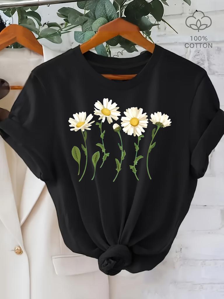 Women's Floral Print Short Sleeve T-Shirt - White Daisy & Green Leaf Design Casual Regular Fit Ladies T Shirts Casual Attire