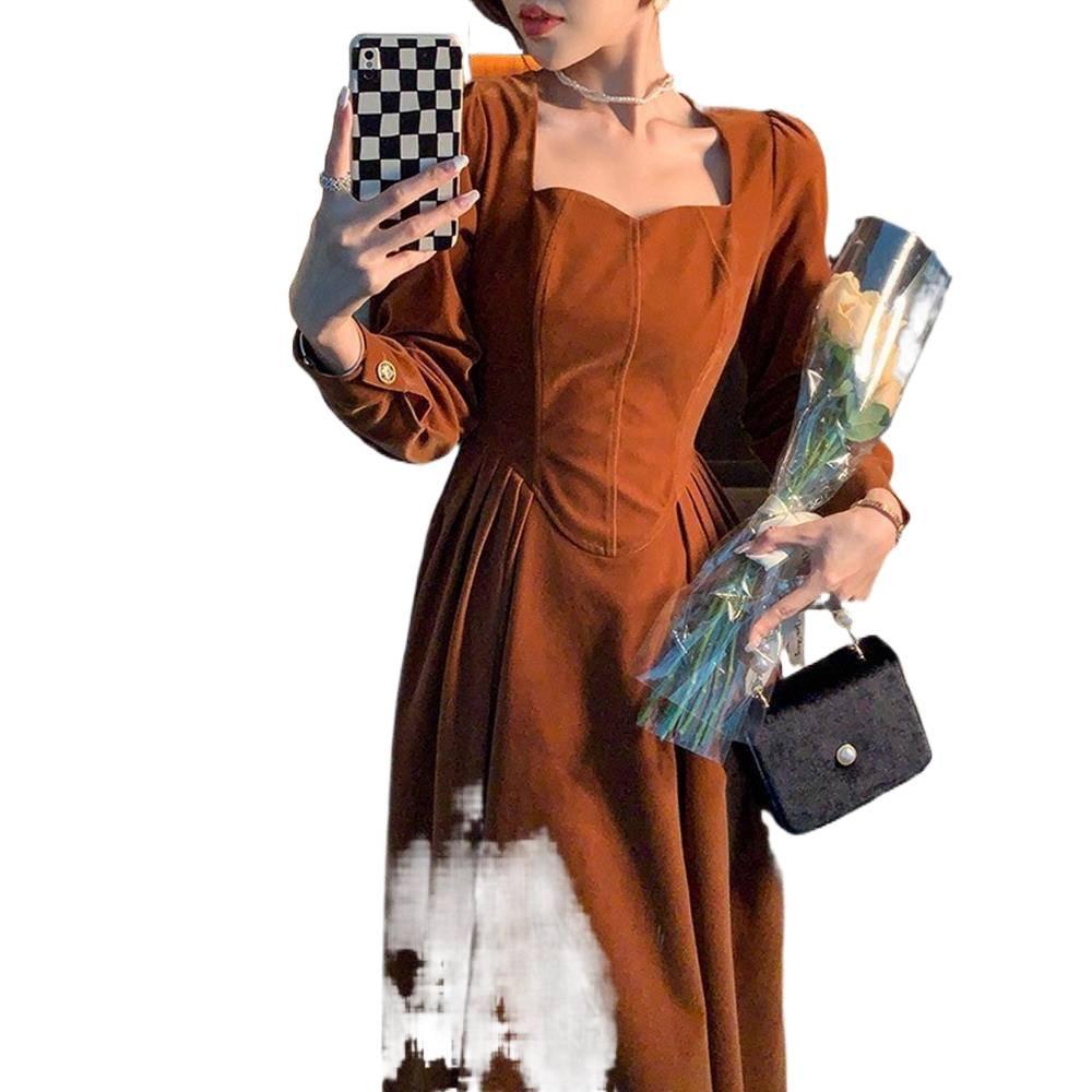 Французское ретро платье в стиле Хепберн из золотого бархата с длинным рукавом для женщин - Осень/Зима