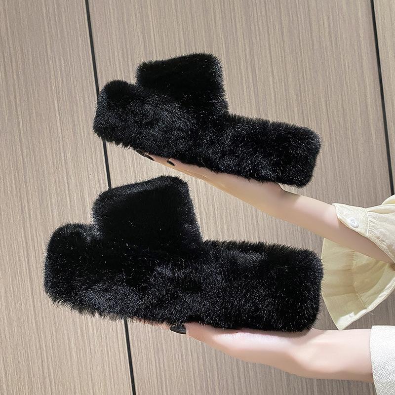 Увеличивающие рост толстоподошвенные пушистые тапочки женские осенне-зимние для улицы пушистая обувь на одной перемычке ins домашние домашние плюшевые тапочки весна и лето