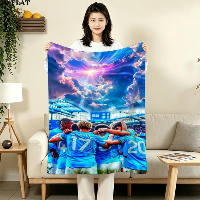 1PC Manchester City Fc Pulse Patterned Flannel Blanket Suitable For All Seasons For Home Decor Warmth And Comfort Gifts Holiday Present