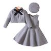 4 шт./компл., платье для девочек, куртка-берет, шапка с лентой и бантом, осень-зима, однотонное короткое пальто с отложным воротником, без рукавов, с круглым вырезом, комплект платьев трапециевидной формы с рюшами по подолу