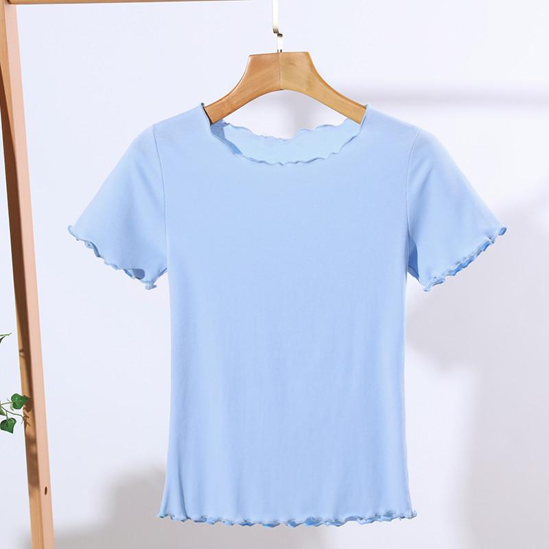 Летняя футболка с оборками, женские хлопковые повседневные однотонные топы с короткими рукавами, футболки