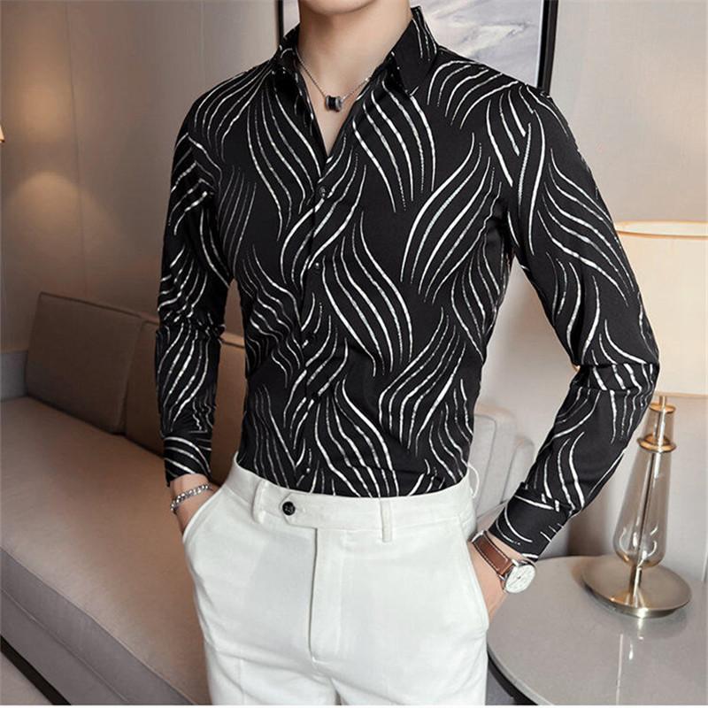 Bronzing Striped Men Shirts Autumn Fashion Long Sleeve Male Dress Shirt Club Party Wear Social Casual Blouse Homme