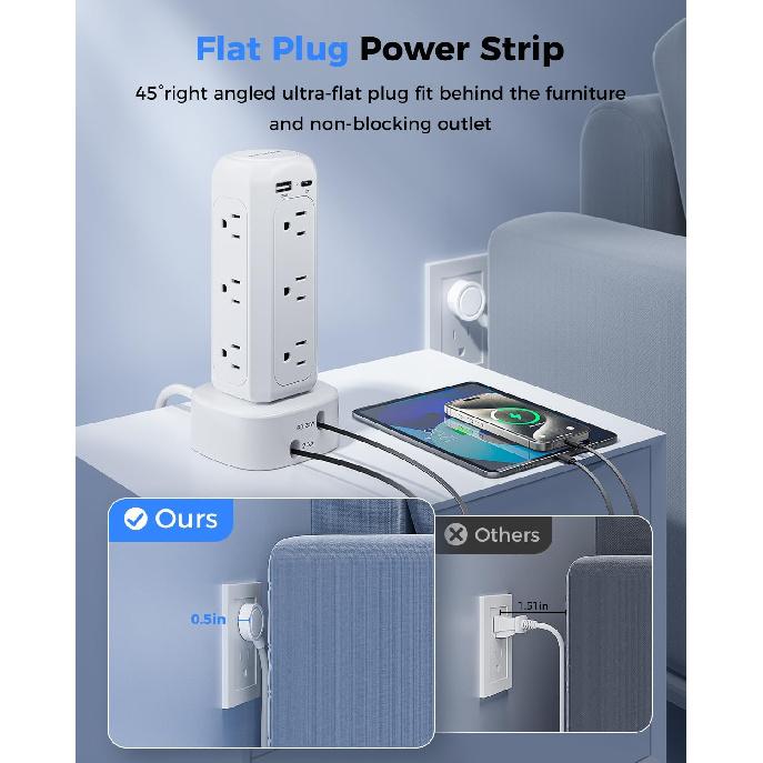 [2025 Upgraded] Power Strip Tower with Retractable Charging Cable, SUPERONE Surge Protector Tower with PD20W USB C and 12 AC Outlets, Flat Plug 6 FT