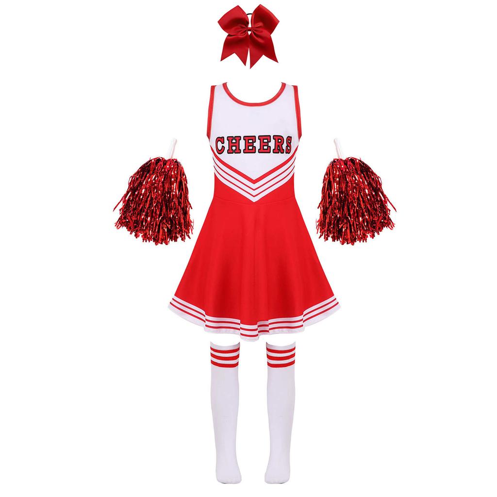 Костюм группы поддержки для девочек, школьная форма, карнавальный костюм на Хэллоуин, платье с головным убором, носки с помпонами