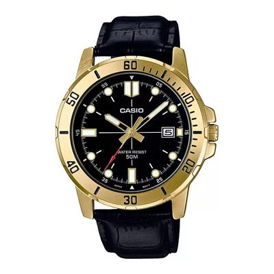 Часы мужские с ремешком из черной кожи, Black Leather Men's Watch,  Casio