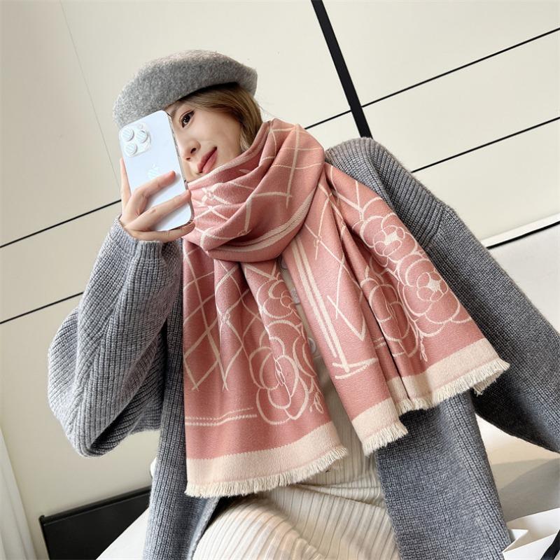 Winter Camellia Oblique Plaid Core-spun Yarn Jacquard Scarf Women's Versatile Cashmere Shawl Thickened Warm and Cold-proof Scarf