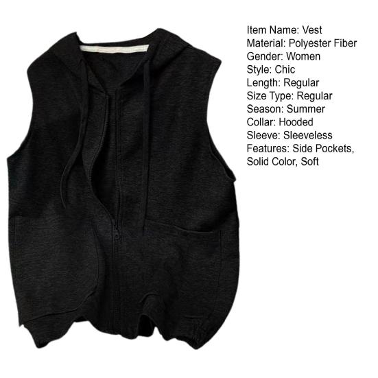 Летний женский жилет, пальто с капюшоном и шнурком, сплошной цвет, приталенный эластичный подол, боковые карманы, кардиган на молнии, мягкий дышащий повседневный спортивный жилет