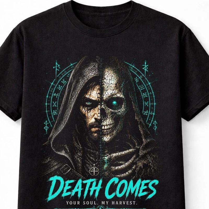 Death Comes Grim Reaper Skeleton Gothic Occult Horror Unisex TShirt