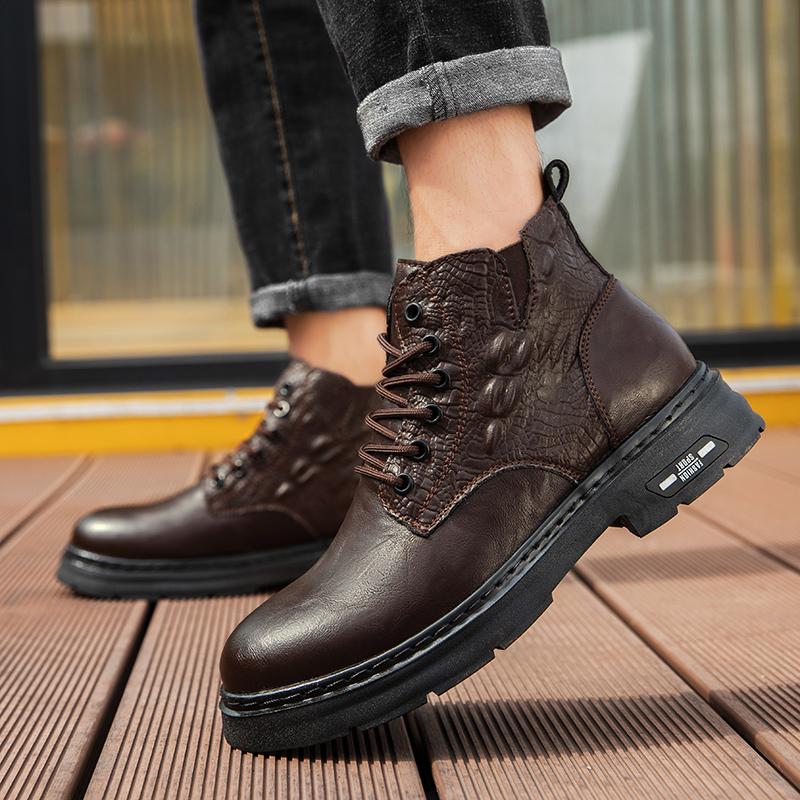 2024 Men Casual Leather Shoes 2024 New Designer Round Toe Boots High Top Outdoor Antiskid Walking Boots Thick Bottom Ankle Boots