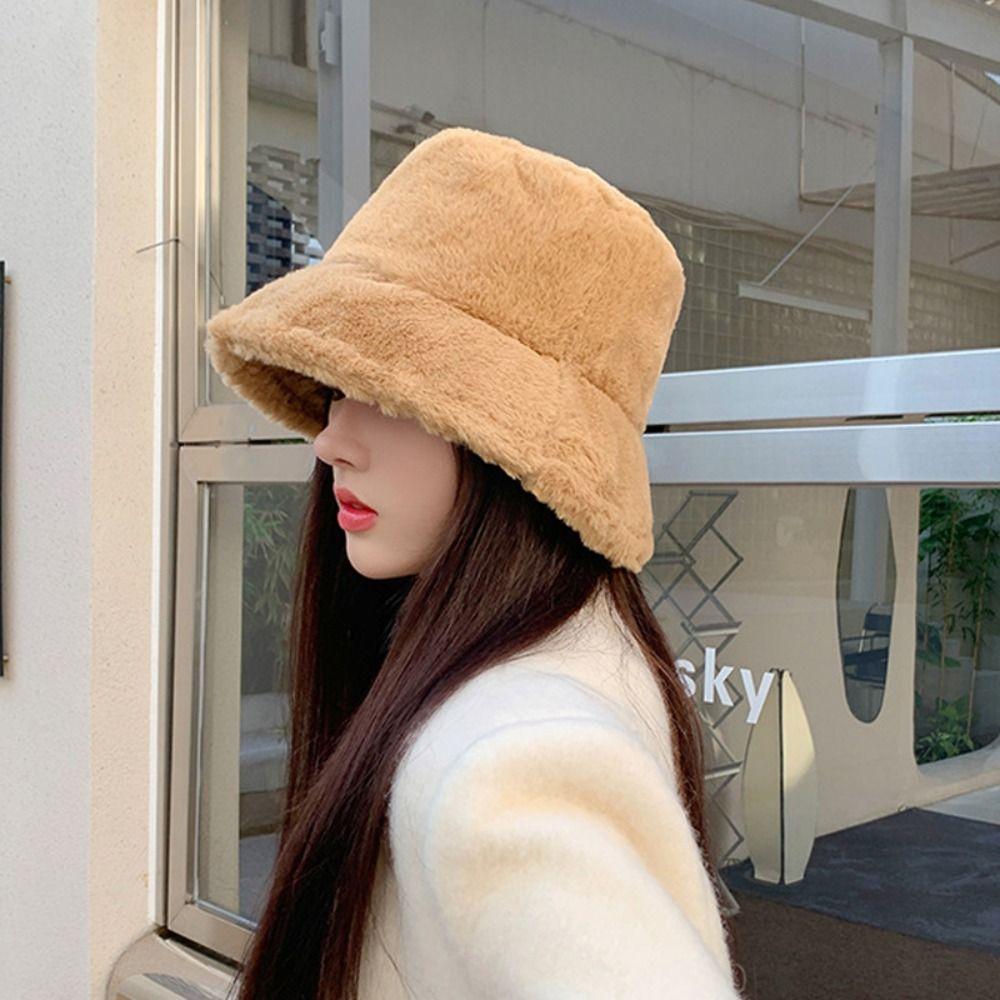 Faux Fur Bucket Hat Soft Flat Top Cap Gift Fisherman's Cap Women Lady