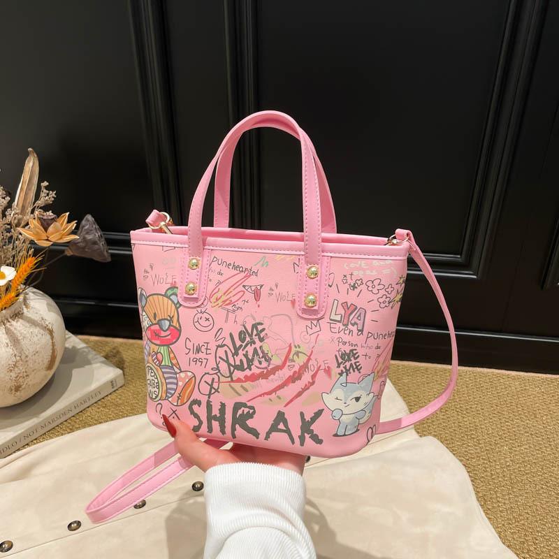 Cartoon Graffiti Pu Tote Bag For Women Large Capacity Water Bucket Style With Zip Closure