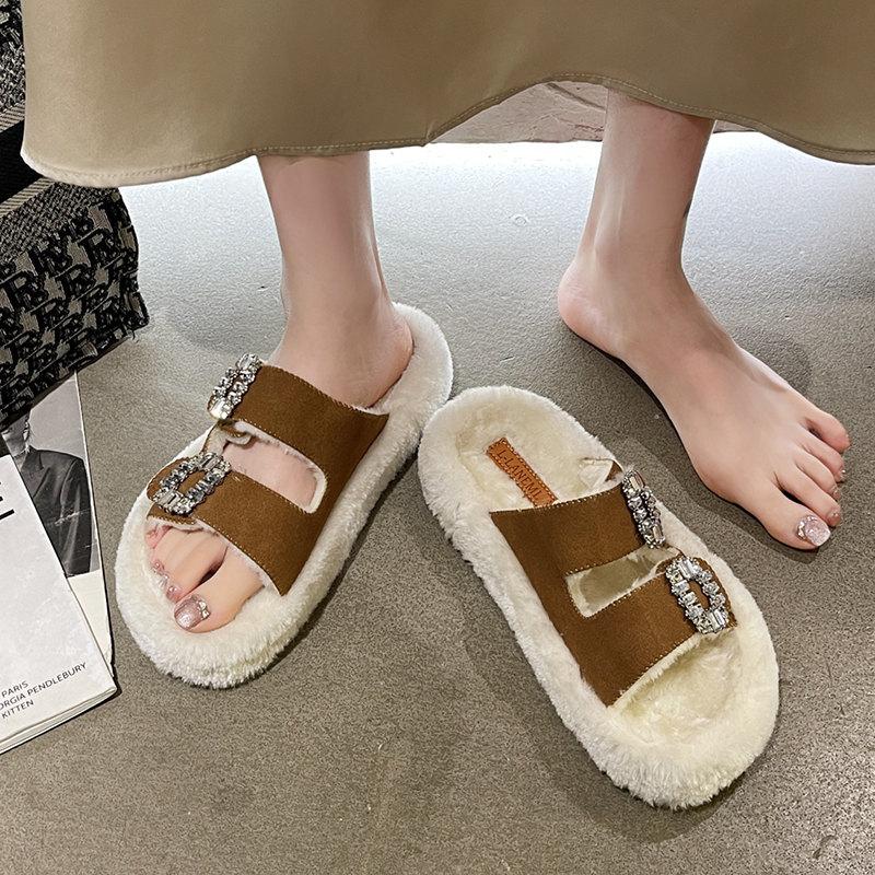 Модные пушистые тапочки для женщин, роскошные плюшевые шлепанцы с ромбовидным дизайном, женские модные домашние пушистые тапочки с открытым носком, сохраняющие тепло хлопковые туфли