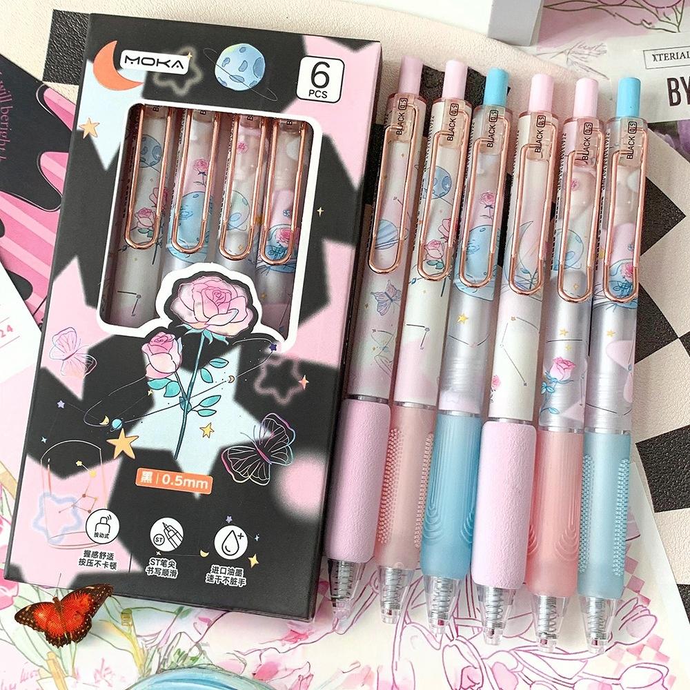Набор гелевых ручек с бабочками, 6 шт., 0,5 мм, черные чернила, с цветком, розой, милые шариковые ручки для письма, школьные принадлежности для студентов