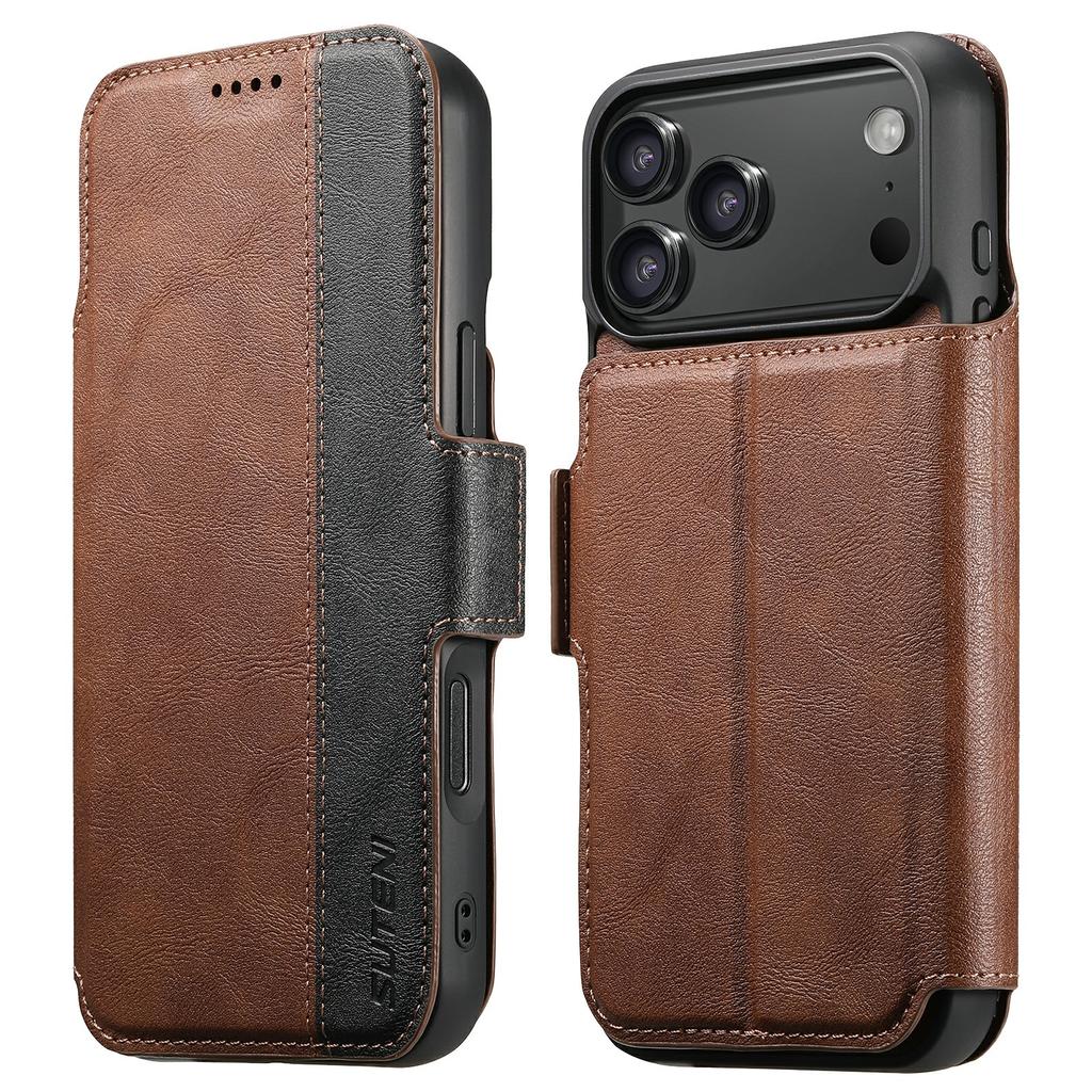 SUTENI Q-07 For iPhone 17 Pro Case Magnetic Color Splicing Cowhide Texture Leather Cover