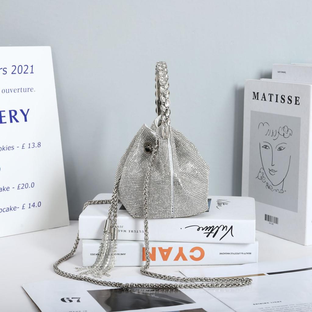 2025 Autumn and Winter Diamond-encrusted Shiny Pump Strap Portable Small Bucket Bag High-texture Messenger Bag Trendy Shoulder Women's Bag