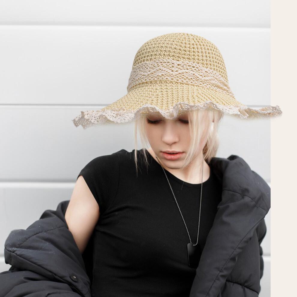 (One Size, Beige) Women Summer Straw Hat Bucket Cap Lace Patchwork Bucket Hats UV Protection Beach Holiday Sun Hat