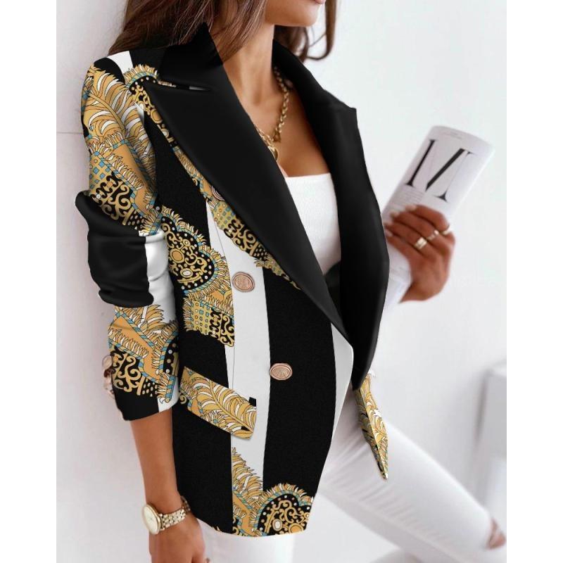 Women's Slim Blazer Double Breasted Printed Woolen Jacket Turndown Collar Long Sleeves Casual Workwear Commute Autumn