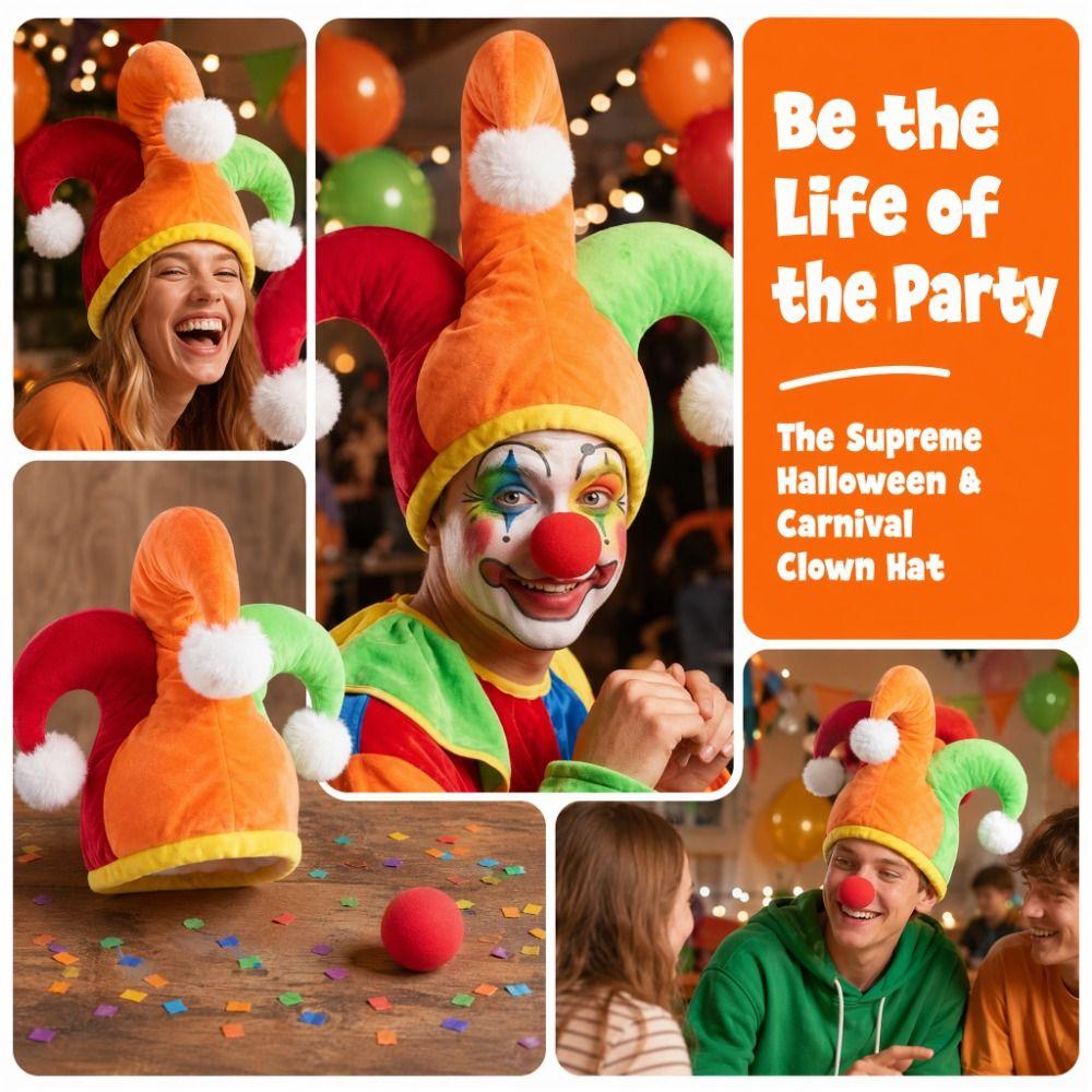 Color Block Clown Hat with White Pom Poms Halloween Party Hat Funny Joker Hat Party