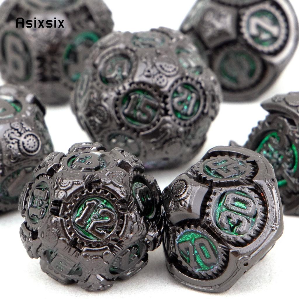 7 Pcs Green Black Gear Wheel Metal Dice Solid Metal Polyhedral Dice Set Suitable for Role-Playing RPG  Board Game Card Game