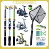 Portable Telescopic Fishing Rod and Reel Kit with Black, Green, and Silver Colors, Ergonomic Handle, and Included Fishing Line, Net, Lures, Hooks, and Swivels