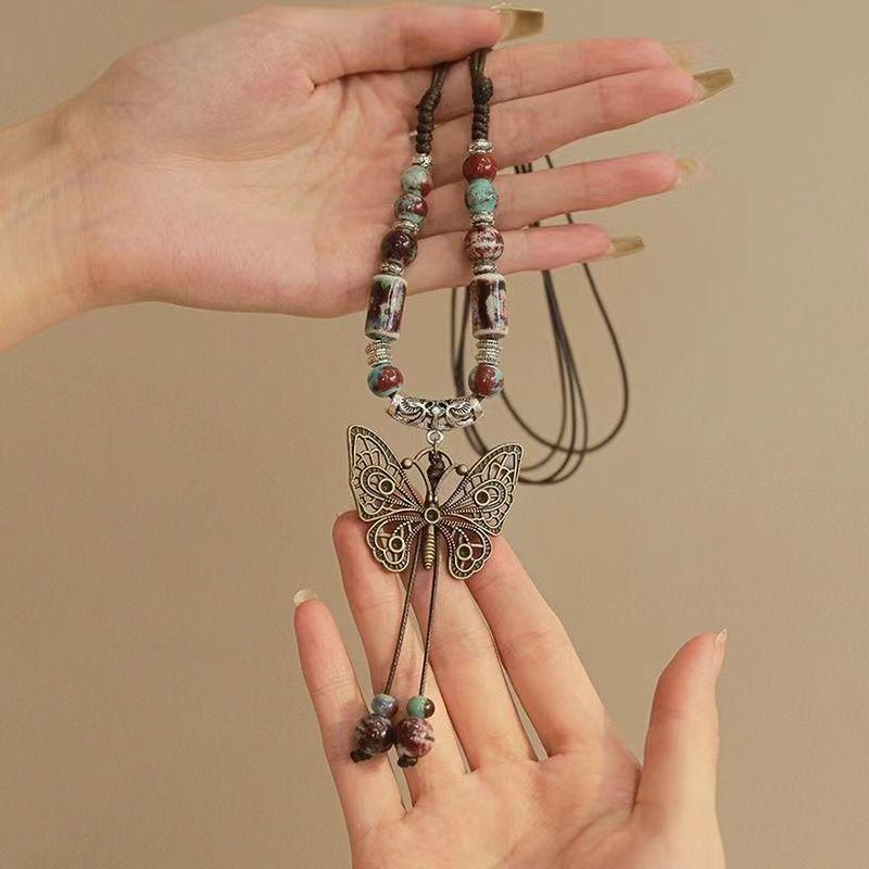 Ожерелье в китайском стиле в стиле ретро, ​​этническая бабочка-колокольчик из бисера, женская старинная длинная цепочка на ключицу